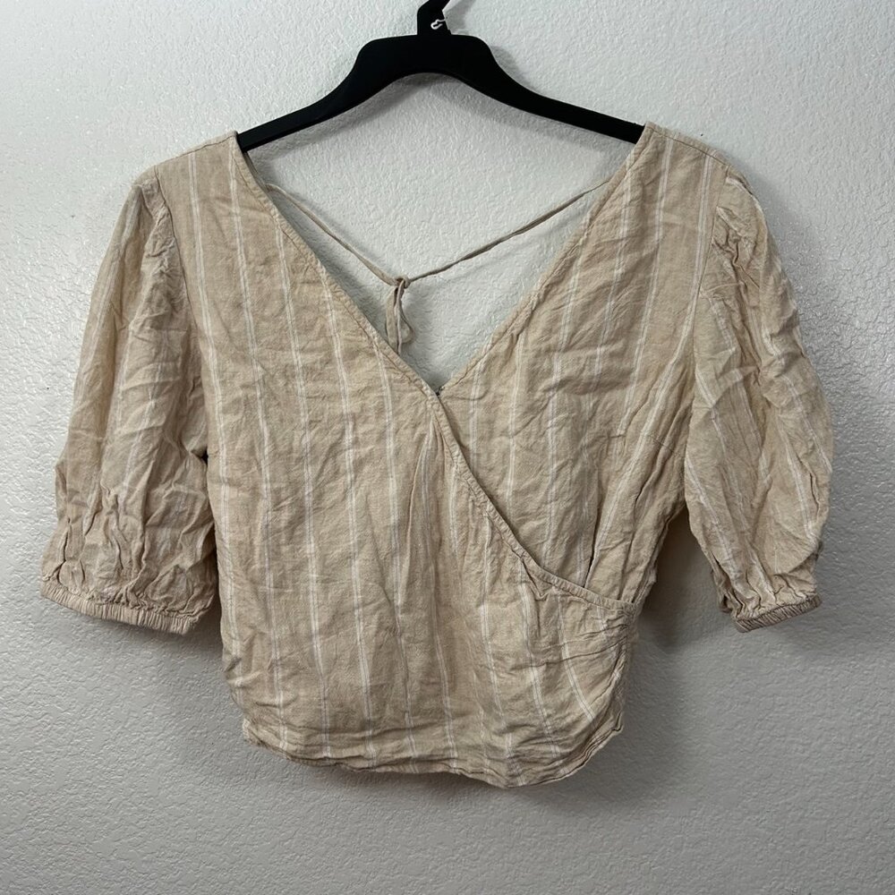 Abercrombie & Fitch Striped Linen Blend Puff Sleeve Surplice Crop Top Faux Wrap - Picture 2 of 9